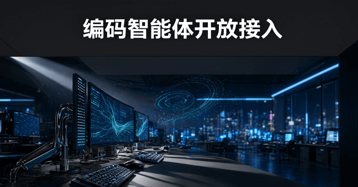深夜研发工作台近景,键盘与鼠标虚化,中景多块竖屏显示抽象几何图形,远景成排工位与蓝色灯带向纵深延伸