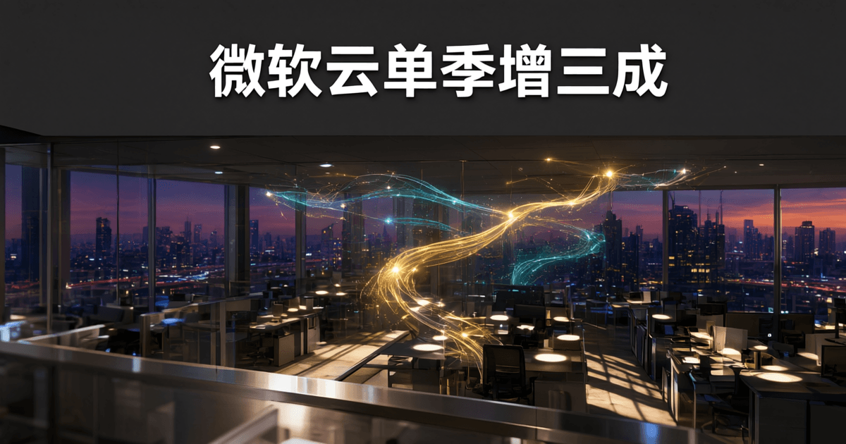 高层办公区俯瞰视角,成排发光工位向纵深延伸,金色数据光带汇聚为悬浮发光节点网络