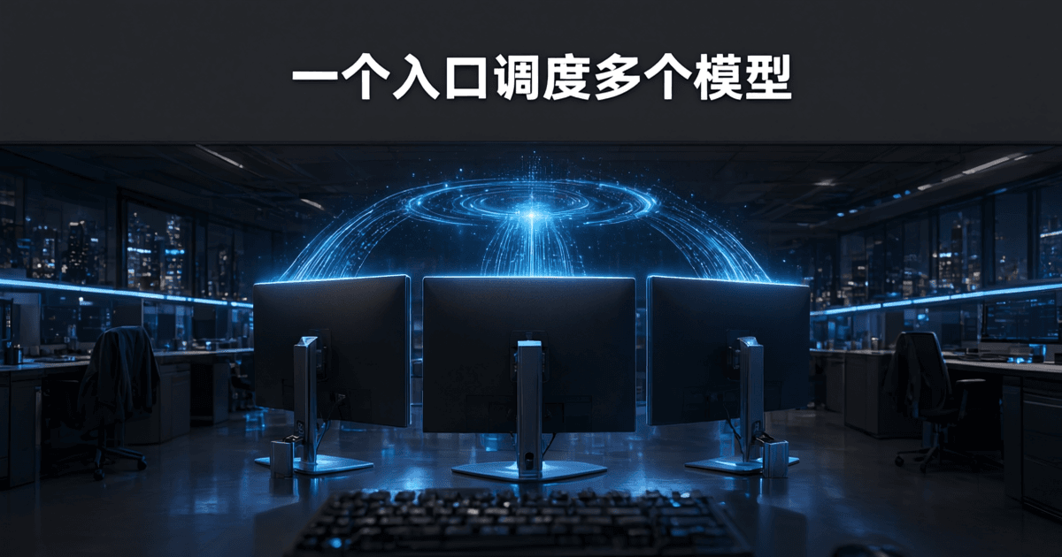 深夜软件开发办公区中三块显示器升起青蓝色数据光带并汇聚到中央发光节点,比喻多模型在一个入口下被统一调度