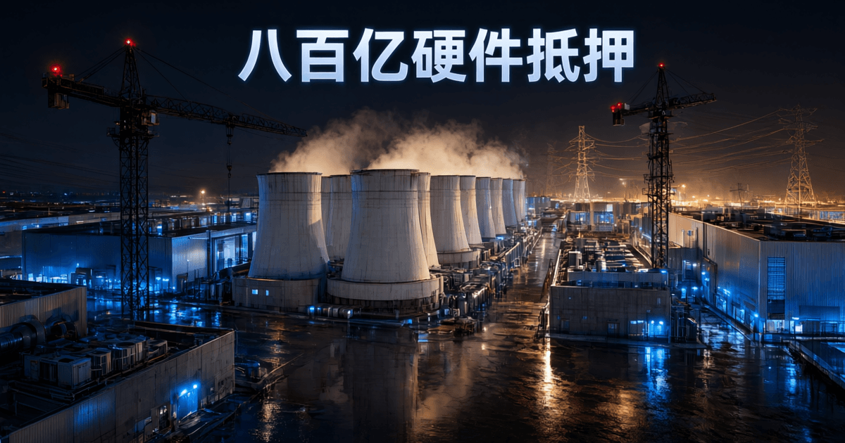 夜色中的超大规模数据中心园区,成排冷却塔与光带,塔吊轮廓,顶部中文标题「八百亿硬件抵押」