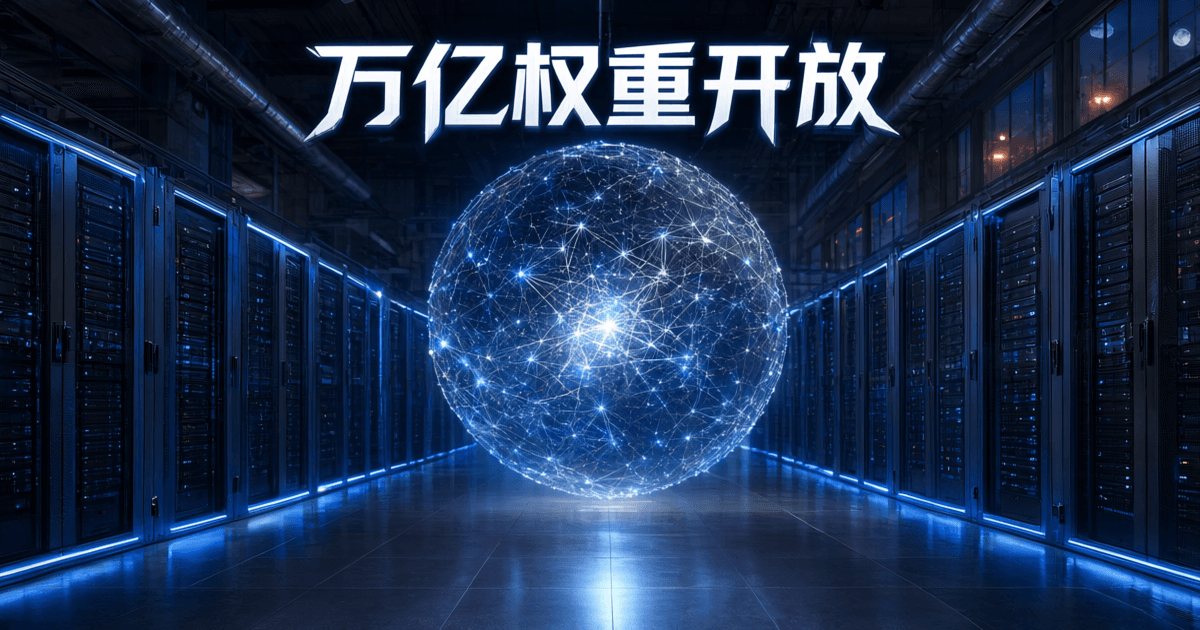 夜色中的欧洲数据中心机房,成排机柜与发光参数网格,顶部中文标题「万亿权重开放」