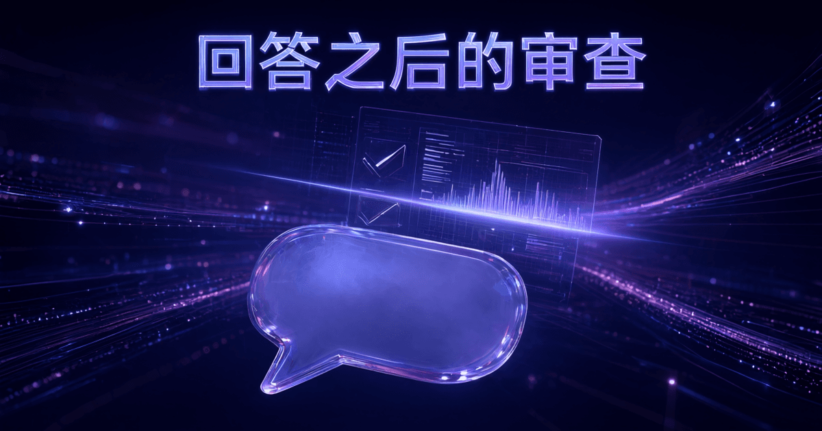 对话气泡后方悬浮的发光审计面板与数据流,顶部中文标题「回答之后的审查」