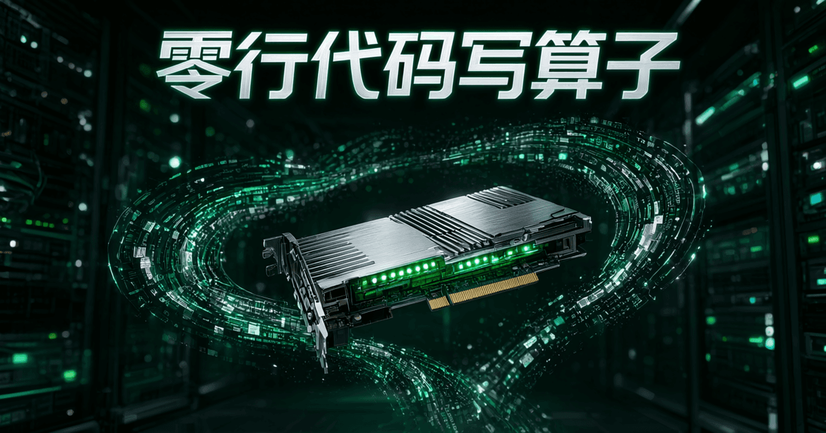 服务器机箱旁的发光代码螺旋与芯片剖面,顶部中文标题「零行代码写算子」