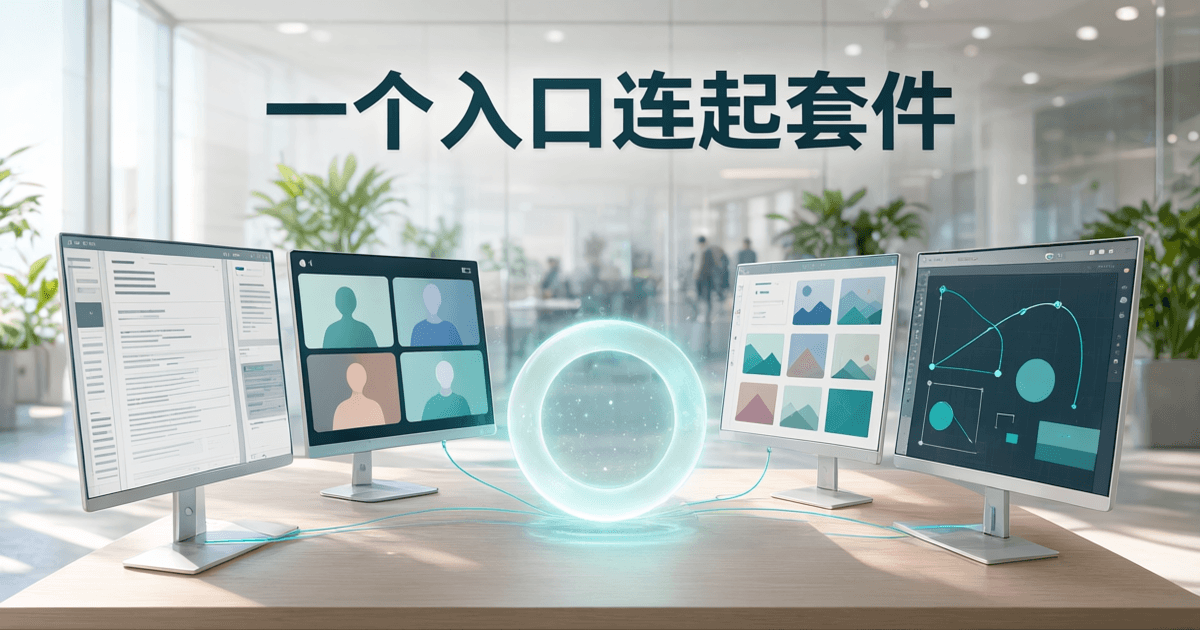 现代办公桌面多块屏幕向中央一个发光入口汇聚,顶部中文标题「一个入口连起套件」