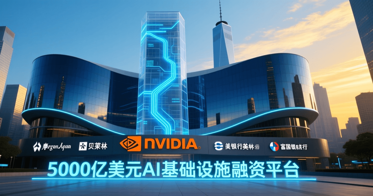 英伟达与华尔街六大金融机构合作,5000亿美元AI基础设施融资平台,科技感金融中心建筑,蓝色调