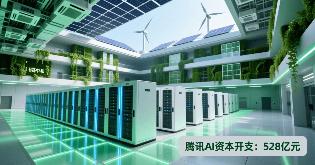 腾讯AI资本开支528亿元,数据中心服务器机房,绿色科技风格